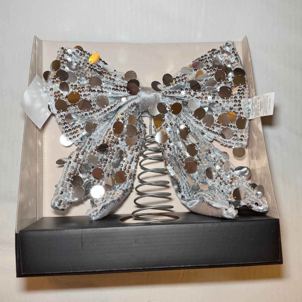 Rachel Zoe NEW Silver Sequin BOW Christmas Tree Topper Shabby Chic Holiday Decor